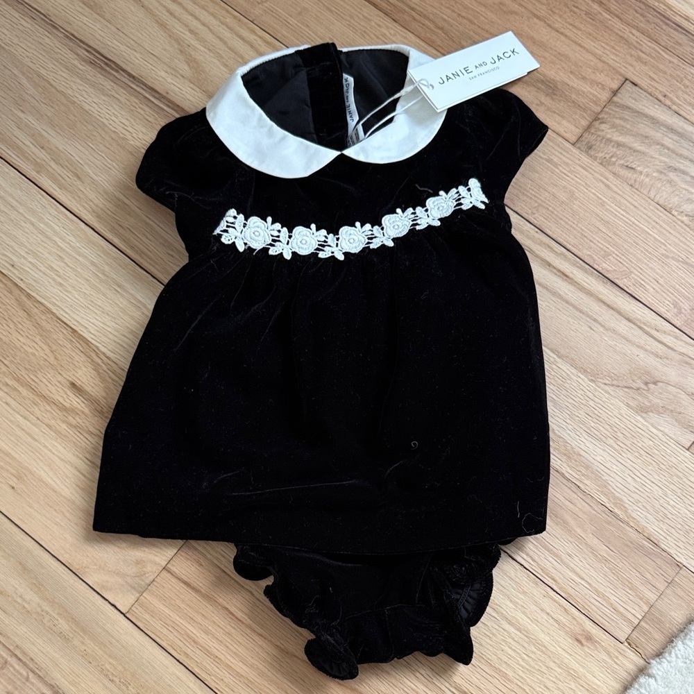 Janie and Jack Black Velvet Dress with White Floral Trim